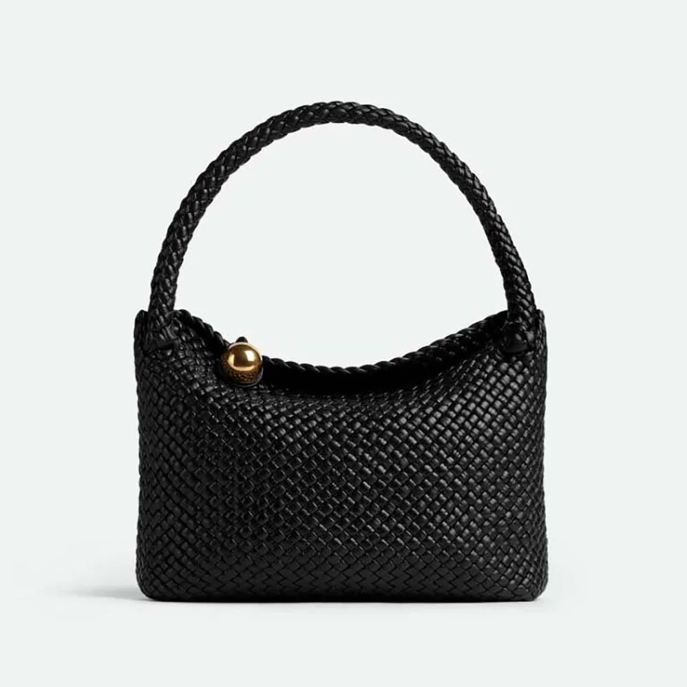 Bottega Veneta Tosca Shoulder Bag with Metallic Sphere Closure Woven for Women in Black Bottega Veneta Tosca Shoulder Bag with Metallic Sphere Closure Woven for Women in Black