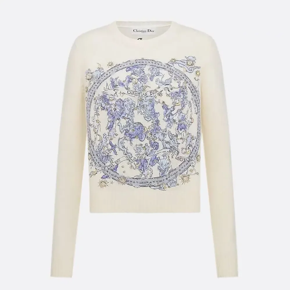 Dior Embroidered Sweater Ecru Cashmere Knit with Blue Dior Night of Dreams Motif for Women Dior Embroidered Sweater Ecru Cashmere Knit with Blue Dior Night of Dreams Motif for Women