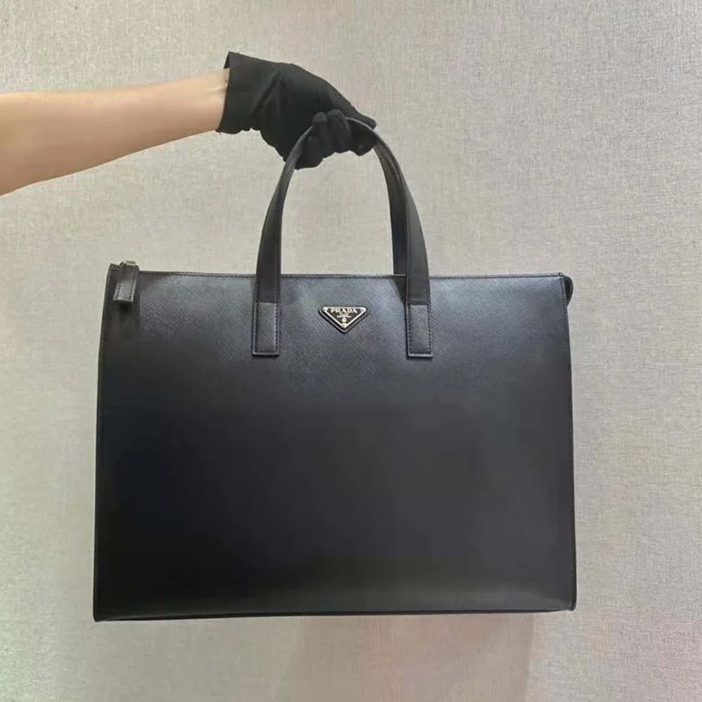 Prada Saffiano Leather Tote with a Crosshatch Pattern and Wax Finish for Men in Black