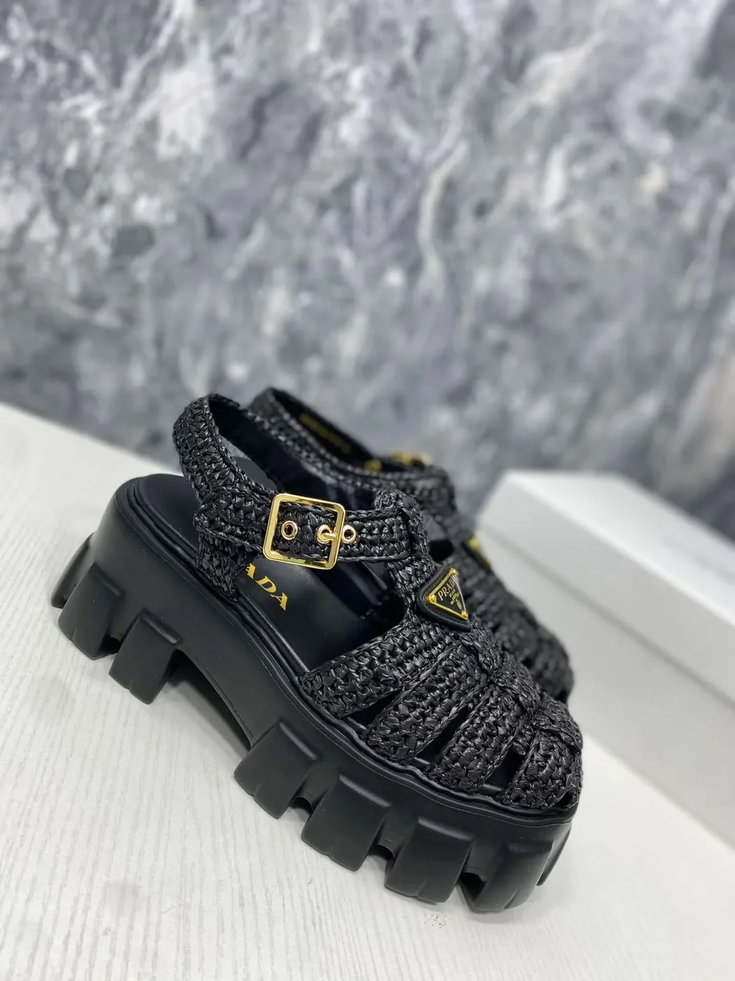 Prada Monolith Crochet Cage Sandals Black Prada Monolith Crochet Cage Sandals Black