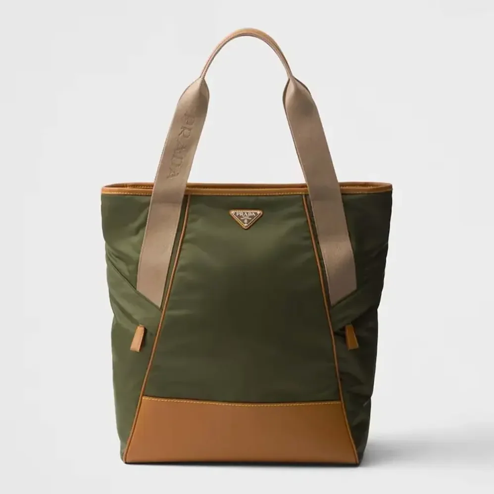Prada Re-Nylon and Leather Tote Bag for Men in Dark Green