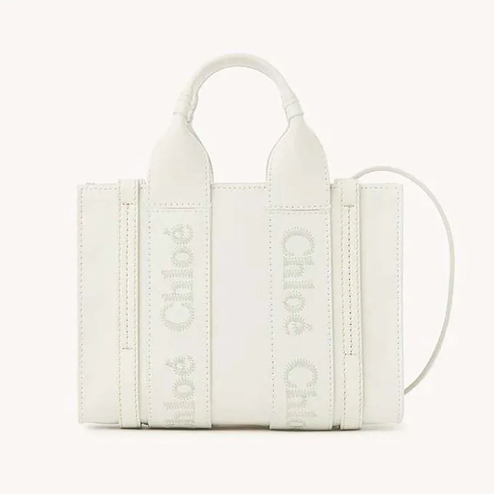 Chloe Mini Woody Tote Bag with Embroidered Chloé Logo for Women in White