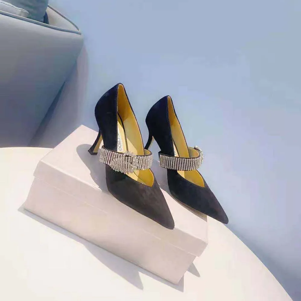 Jimmy Choo Kari 90 Black Suede Pumps with Crystal for Women in Embellished Strap Jimmy Choo Kari 90 Black Suede Pumps with Crystal for Women in Embellished Strap