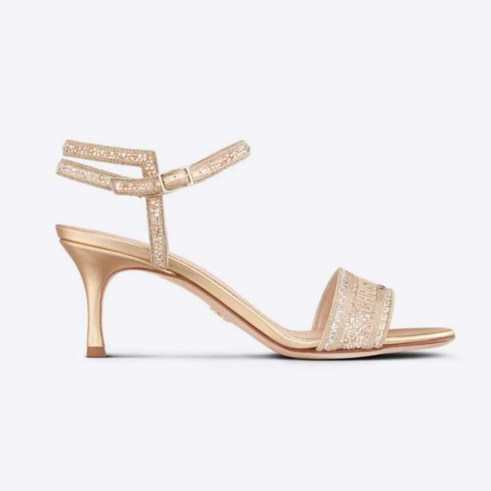 Dior Dway Heeled Sandal Gold-Tone Cotton Embroidered with Metallic Thread and Strass for Women