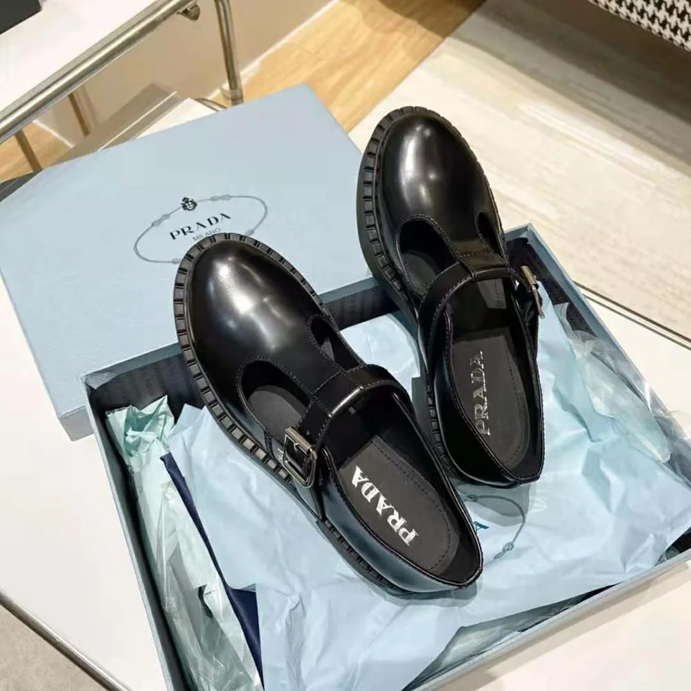 Prada Brushed-Leather Mary Jane T-strap Shoes for Women in Black Prada Brushed-Leather Mary Jane T-strap Shoes for Women in Black