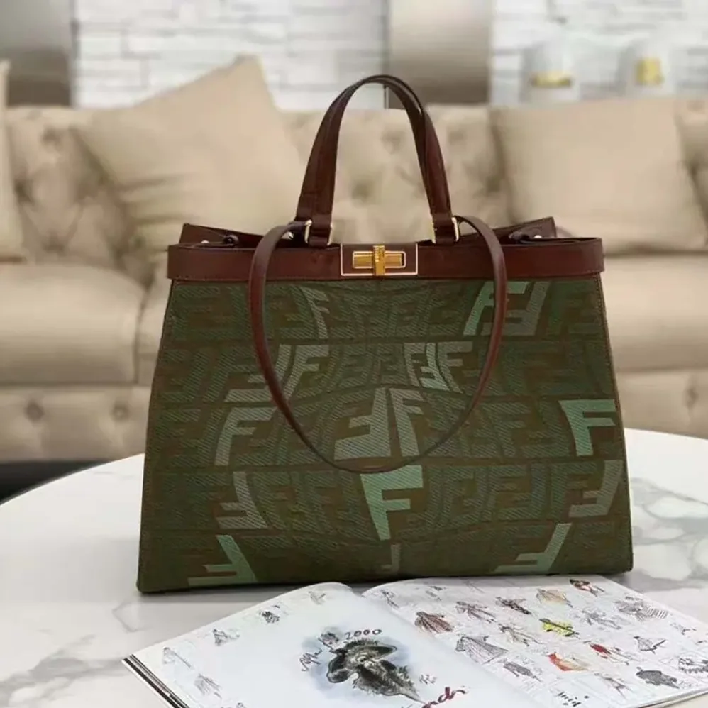 Fendi Peekaboo X-Tote Embroidered Green Canvas Bag for Women Fendi Peekaboo X-Tote Embroidered Green Canvas Bag for Women