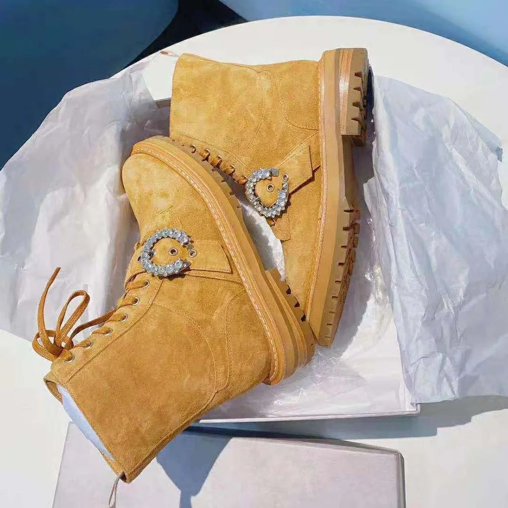Jimmy Choo Cora Flat/Crystal Caramel Suede Combat Boots with Crystal Buckle for Women Jimmy Choo Cora Flat/Crystal Caramel Suede Combat Boots with Crystal Buckle for Women