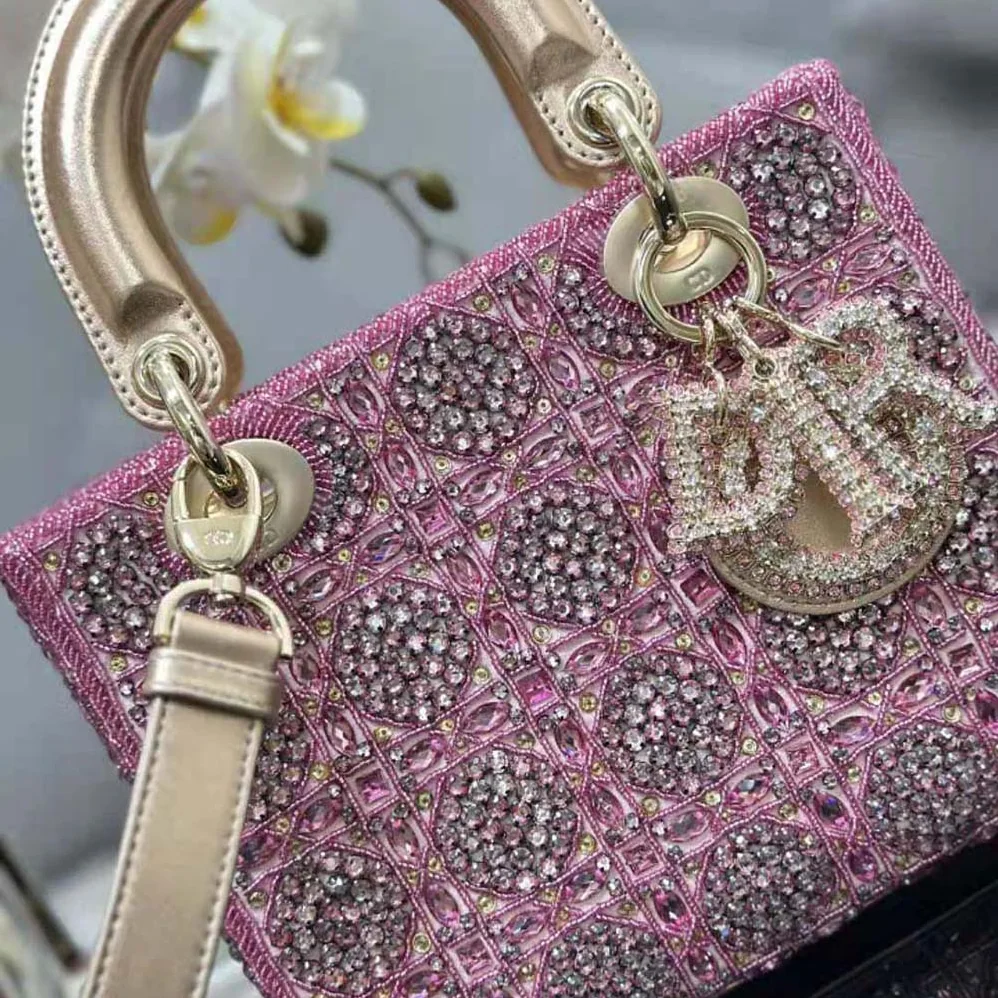 Dior Small Lady Dior Bag Metallic Calfskin and Satin with Rose Des Vents Resin Pearl Embroidery for Women Dior Small Lady Dior Bag Metallic Calfskin and Satin with Rose Des Vents Resin Pearl Embroidery for Women