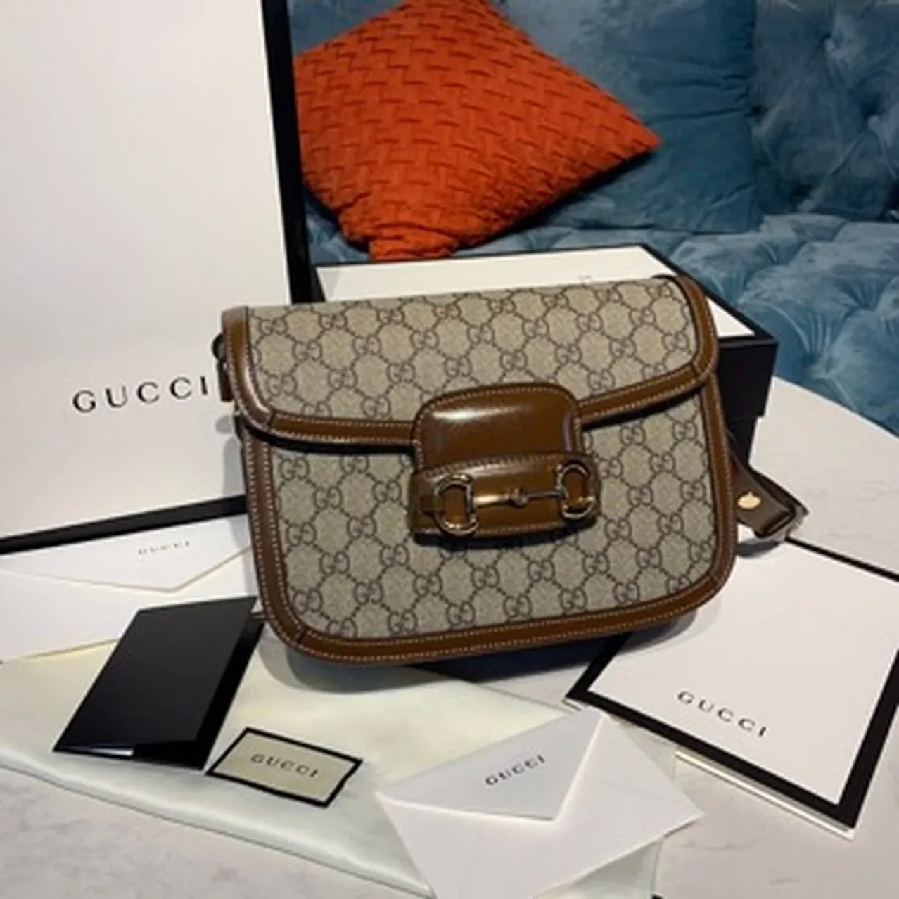 Gucci Horsebit 1955 Shoulder Bag Beige/Ebony GG Supreme Canvas With Brown / Gucci Horsebit 1955 Shoulder Bag Beige/Ebony GG Supreme Canvas With Brown /