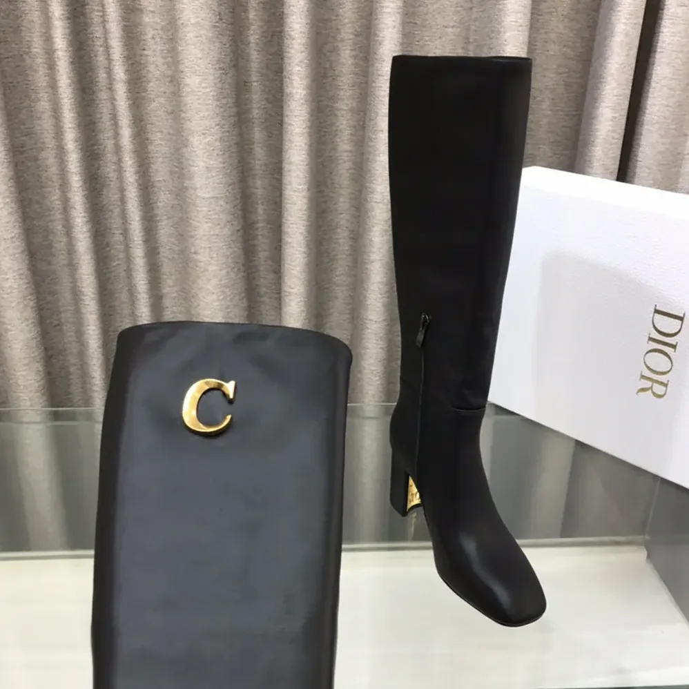 Dior Logo Knee-High Boot in Black Calfskin with Gold for Women in Tone Accents Dior Logo Knee-High Boot in Black Calfskin with Gold for Women in Tone Accents