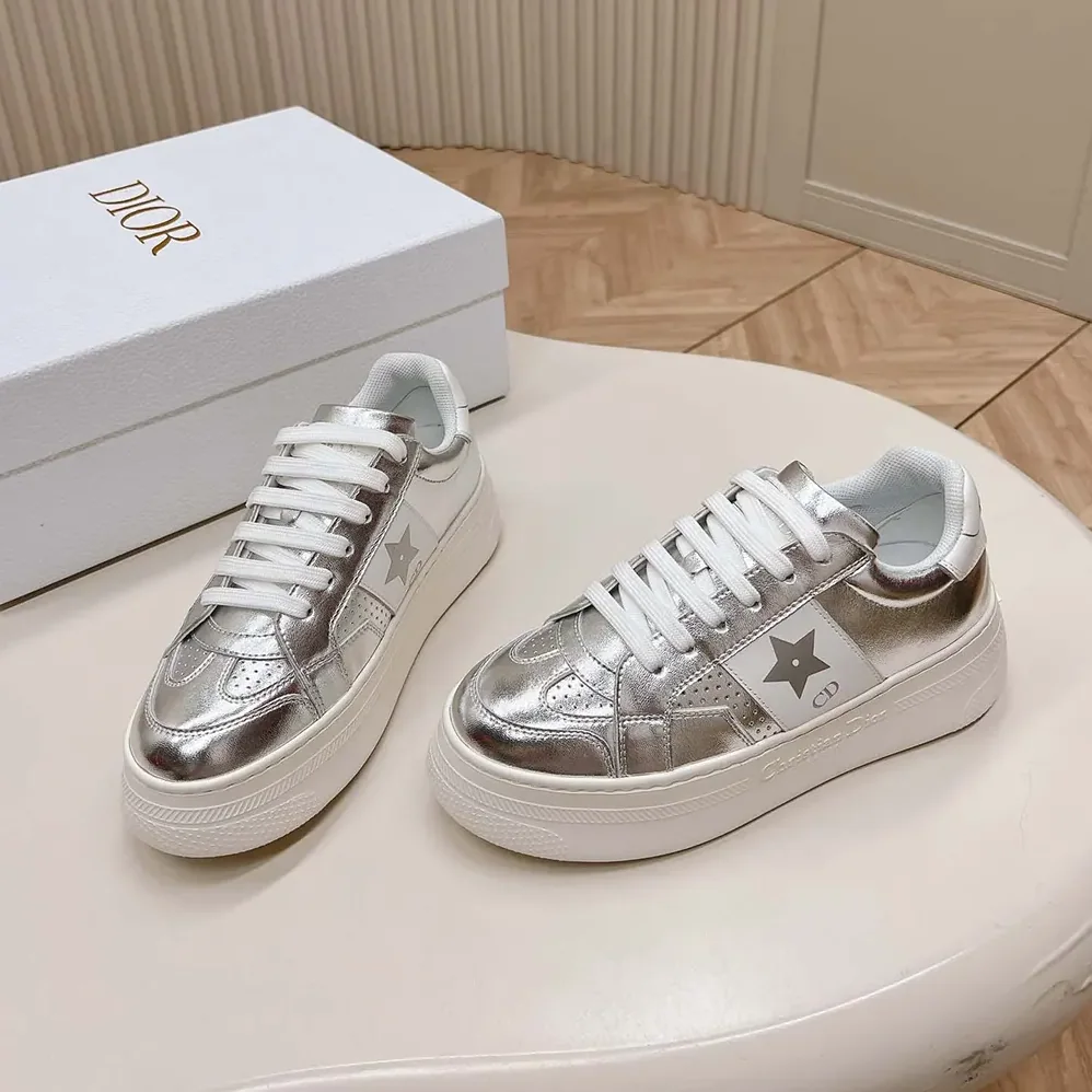 Dior Star Platform Sneaker Silver-Tone Crinkled-Effect Lambskin and White Calfskin for Women