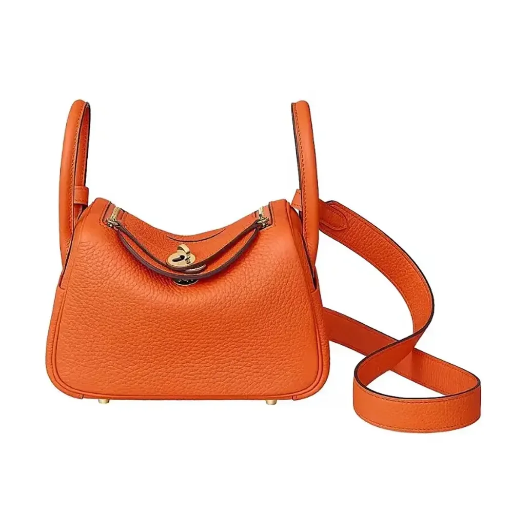 Hermes Lindy Mini 19 in Clemence Leather for Women in Orange/Gold Hermes Lindy Mini 19 in Clemence Leather for Women in Orange/Gold