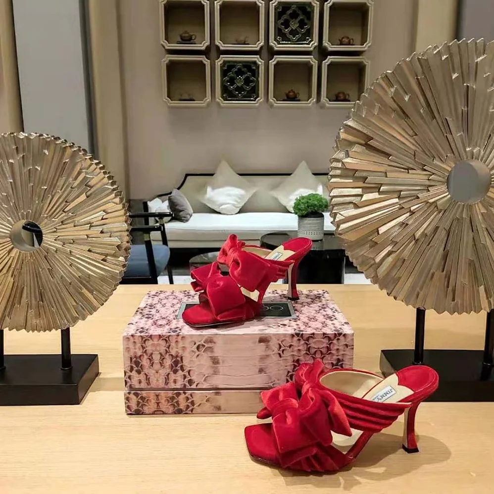 Jimmy Choo Flaca Sandal 100 Red Velvet Sandal with Bow for Women Jimmy Choo Flaca Sandal 100 Red Velvet Sandal with Bow for Women