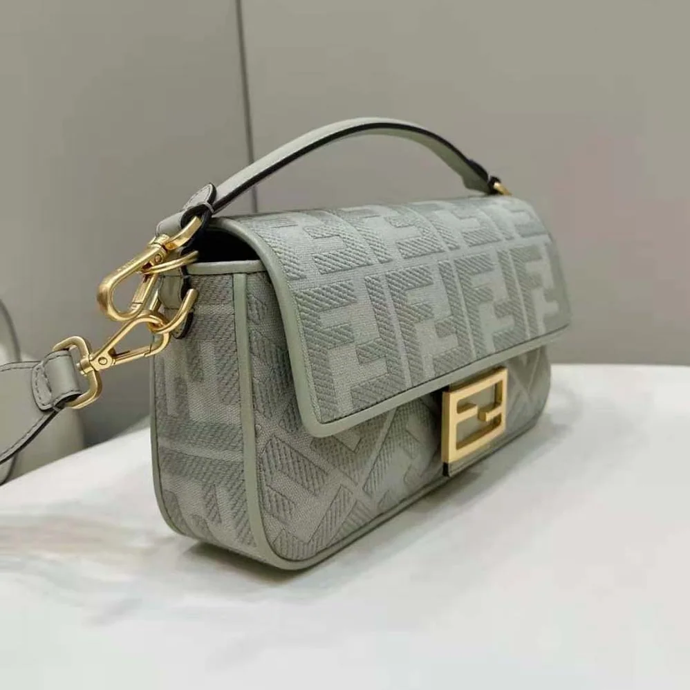 Fendi Baguette Light Green Canvas Bag with FF Embroidery for Women Fendi Baguette Light Green Canvas Bag with FF Embroidery for Women