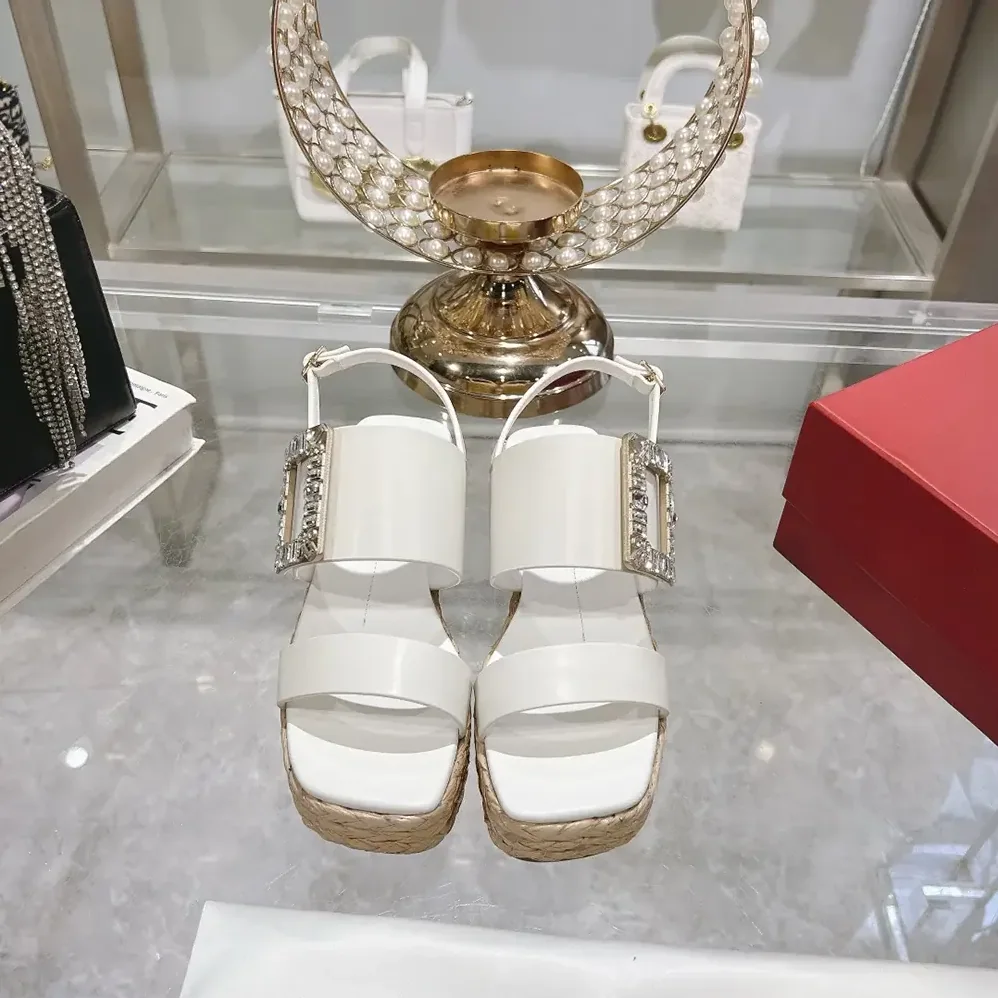 Roger Vivier Strass Buckle Raffia Wedge Sandals in Leather for Women Roger Vivier Strass Buckle Raffia Wedge Sandals in Leather for Women