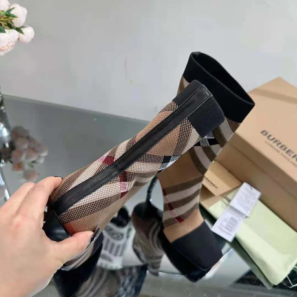 Burberry Knitted Check Sock Boots for Women in Black