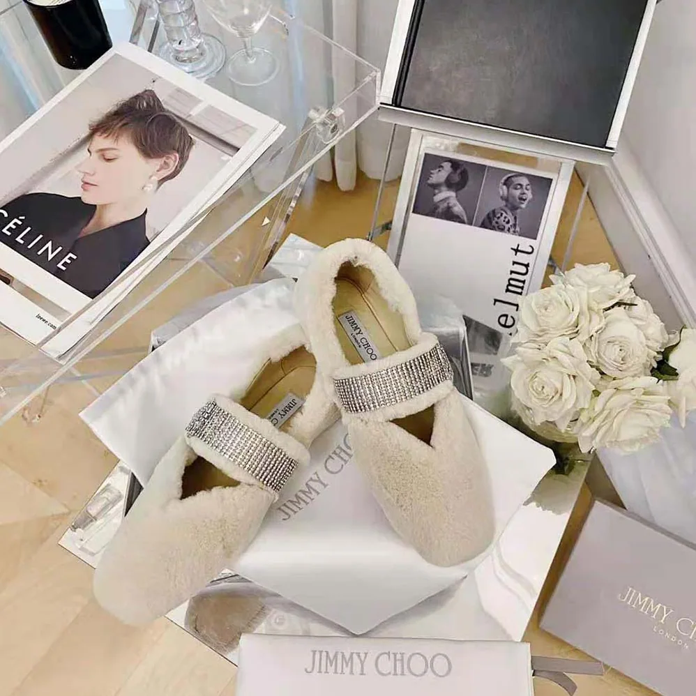Jimmy Choo Krista Flat Teddy Faux Fur Flats with Crystal for Women in Embellished Strap