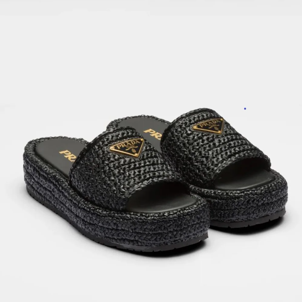 Prada Crochet Flatform Slides with Enameled Metal Triangle Logo for Women in Black Prada Crochet Flatform Slides with Enameled Metal Triangle Logo for Women in Black