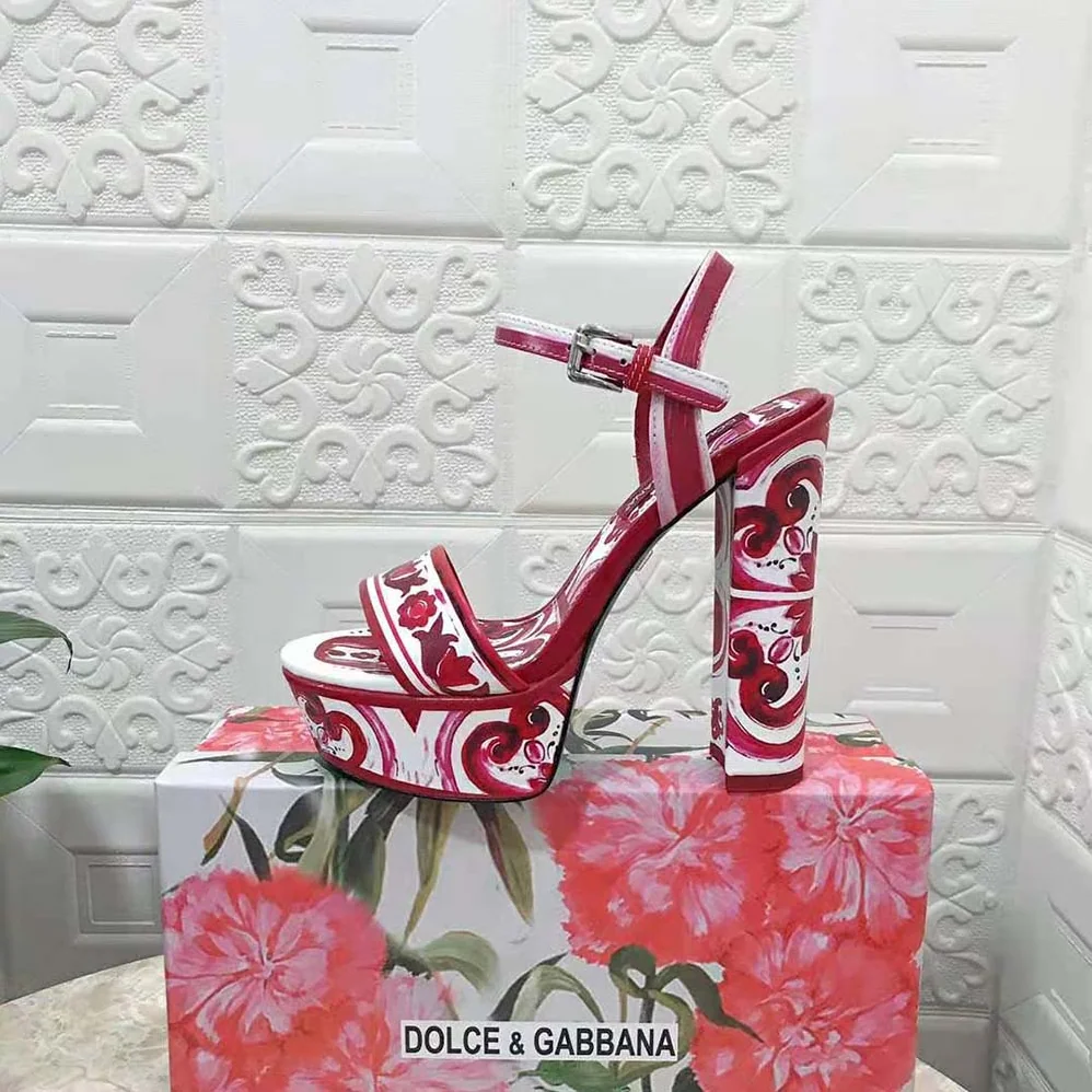 Dolce Gabbana D&G Printed Polished Calfskin Platform Sandals for Women Dolce Gabbana D&G Printed Polished Calfskin Platform Sandals for Women