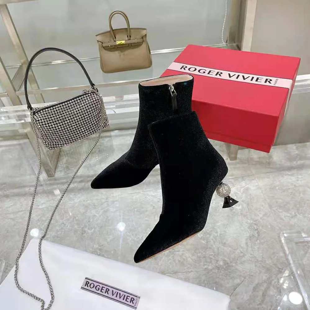 Roger Vivier Marlene Strass Booties in Velvet for Women Roger Vivier Marlene Strass Booties in Velvet for Women