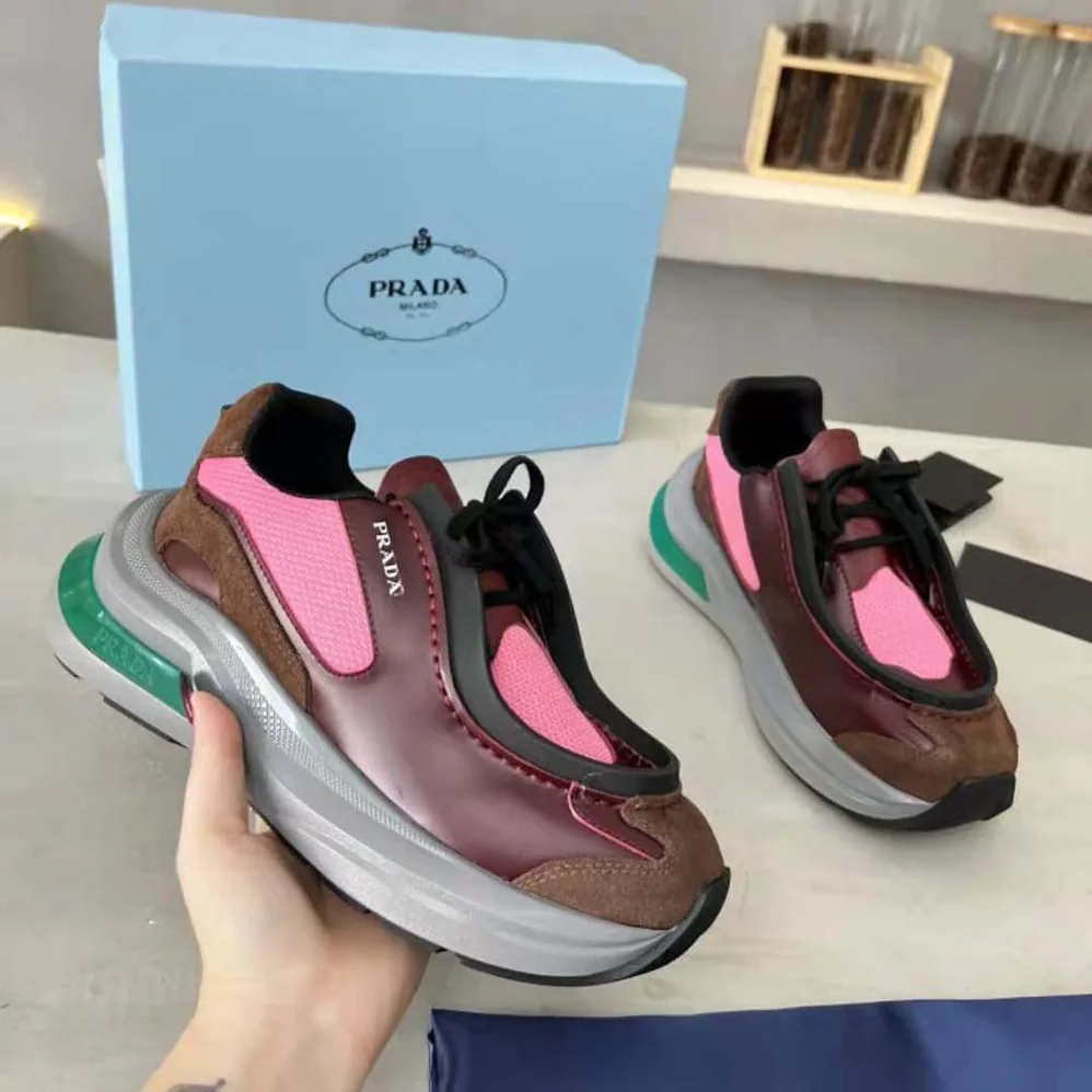 Prada Brushed Leather Sneakers with Bike Fabric and Suede Elements for Men in Pink