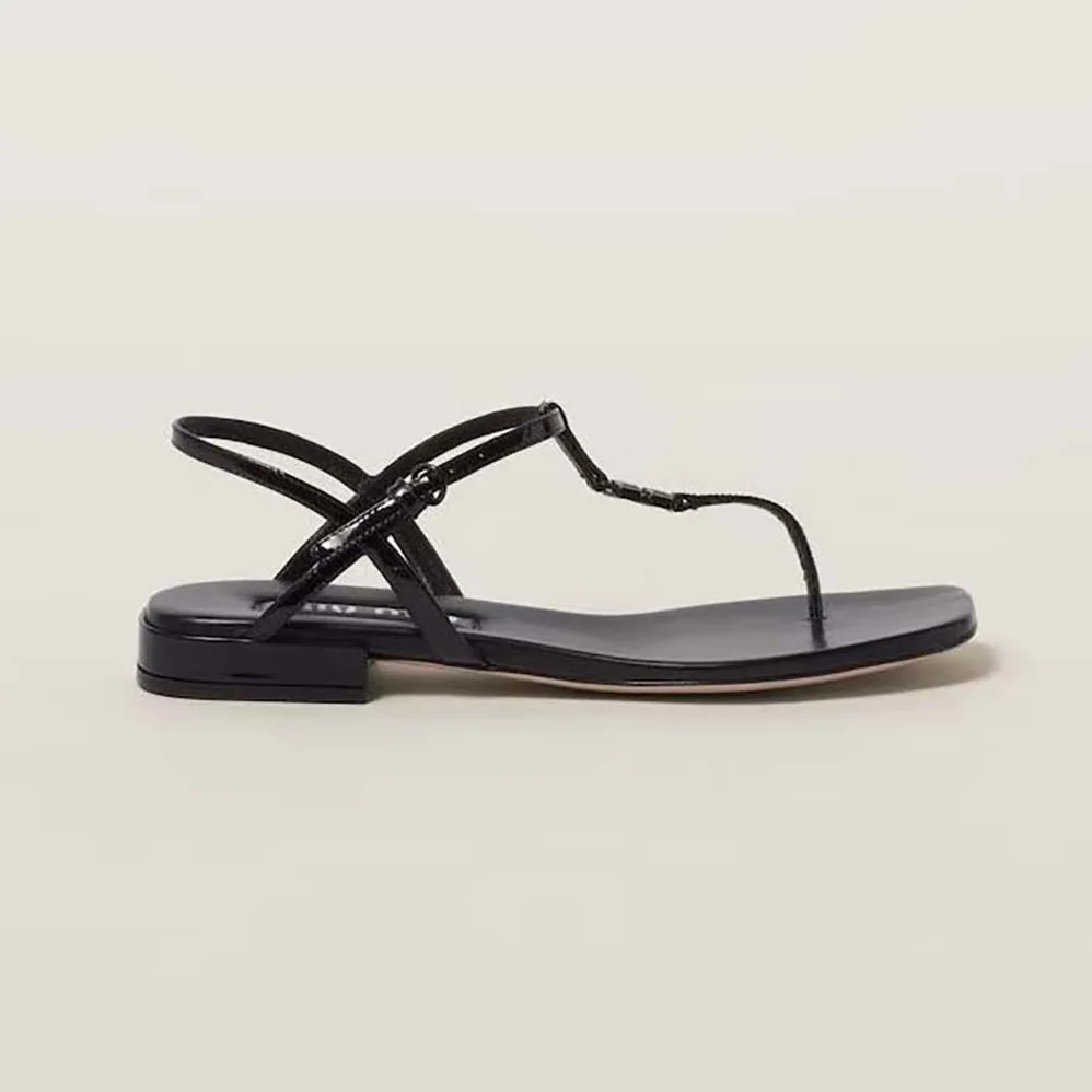 Miu Miu Patent Thong Sandals with Metal Lettering Logo for Women in Black Miu Miu Patent Thong Sandals with Metal Lettering Logo for Women in Black