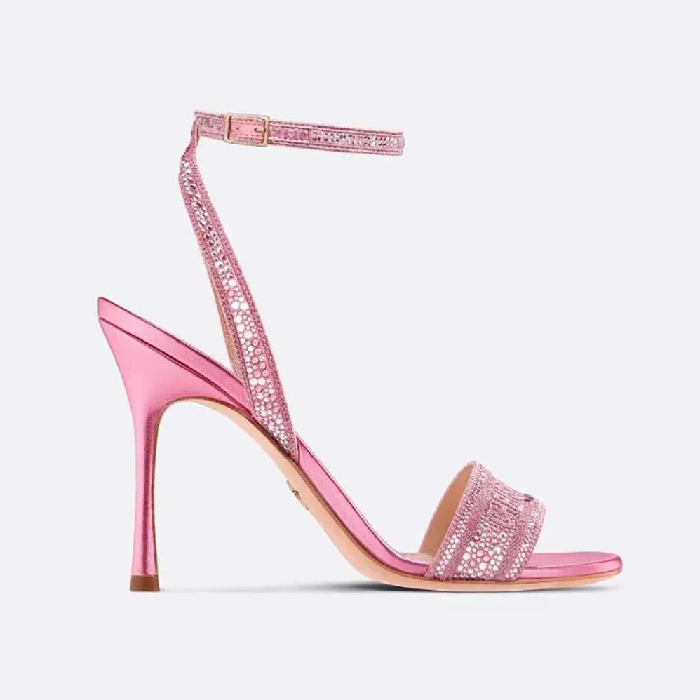 Dior Dway Heeled Slide Pink Cotton Embroidered with Metallic Thread and Strass for Women