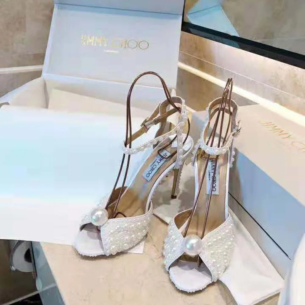 Jimmy Choo SACORA 100 White Satin Sandals with All Over Pearls for Women Jimmy Choo SACORA 100 White Satin Sandals with All Over Pearls for Women