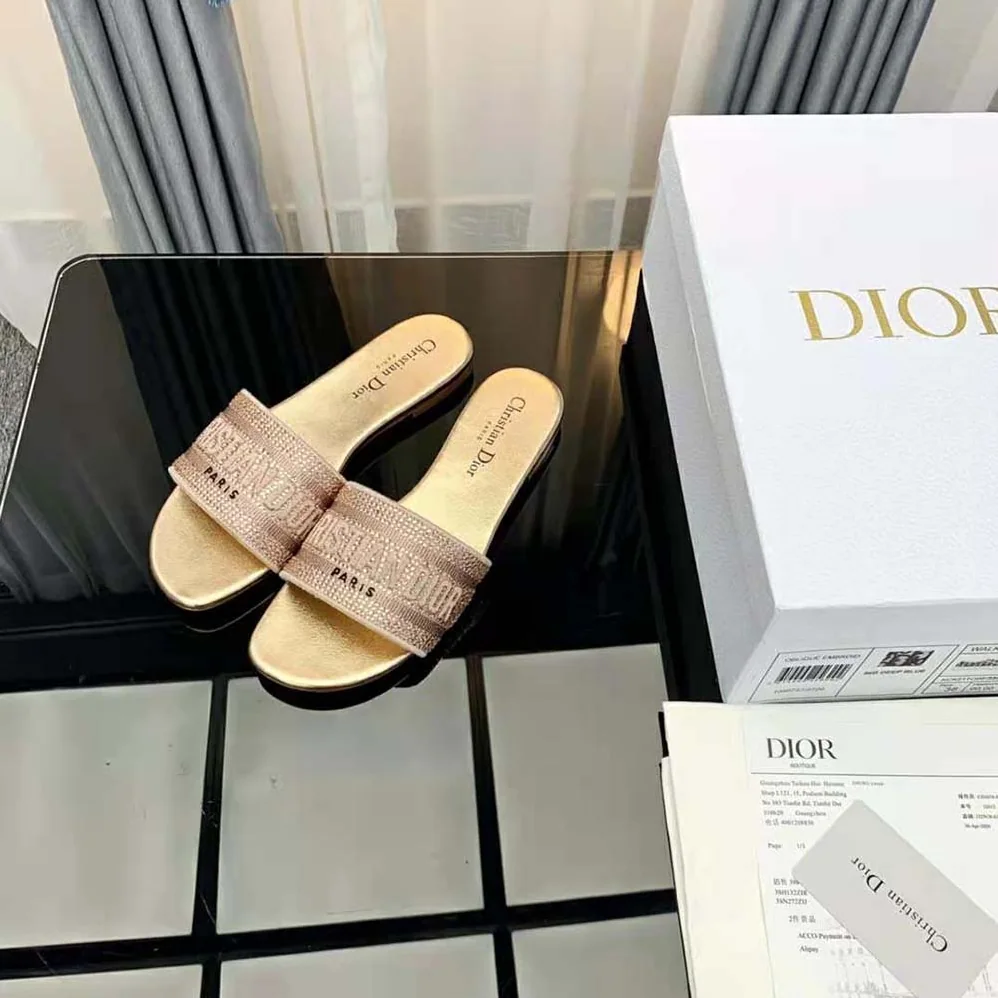 Dior Dway Slide Gold-Tone Cotton Embroidered with Metallic Thread and Strass for Women Dior Dway Slide Gold-Tone Cotton Embroidered with Metallic Thread and Strass for Women