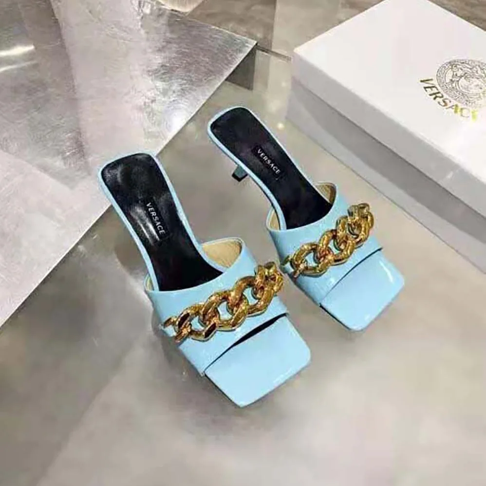 Versace Medusa Chain Mid-heel Naplak Mules for Women in Blue