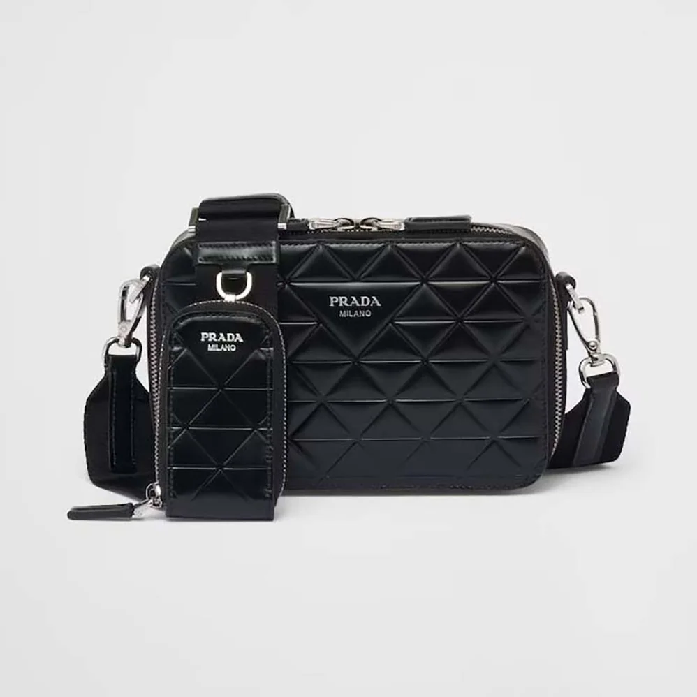Prada Brique Brushed Leather Bag with Triangle Motif for Men in Black
