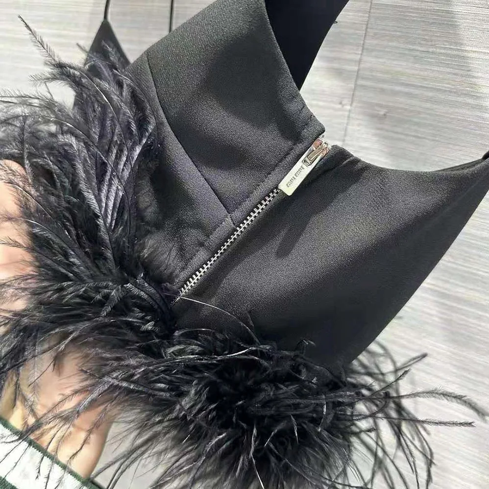 Miu Miu Stretch Cady Top with Feathers for Women in Black Miu Miu Stretch Cady Top with Feathers for Women in Black