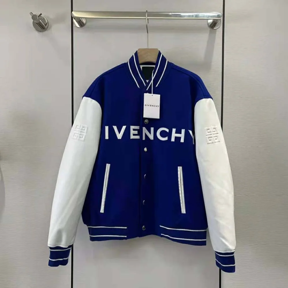 Givenchy Bomber Jacket in Wool and GIVENCHY Leather for Women in White/Blue Givenchy Bomber Jacket in Wool and GIVENCHY Leather for Women in White/Blue