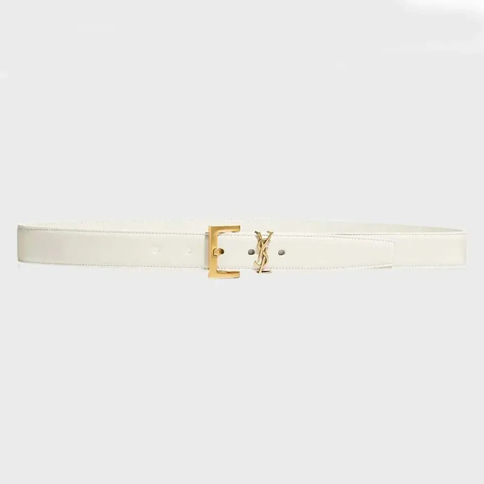 Saint Laurent YSL Cassandre Thin Belt with Square Buckle in Lacquered Leather for Women in White Saint Laurent YSL Cassandre Thin Belt with Square Buckle in Lacquered Leather for Women in White