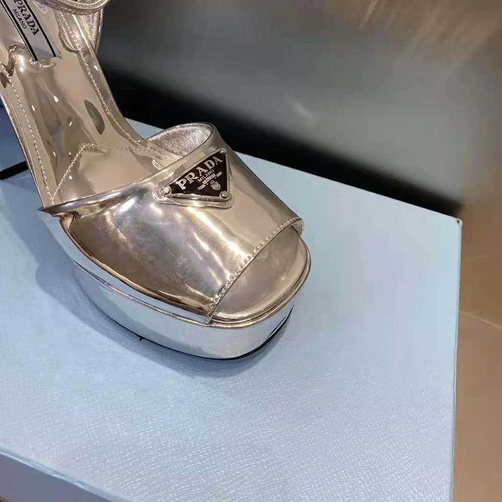 Prada Metallic Leather Platform Sandals for Women in Silver