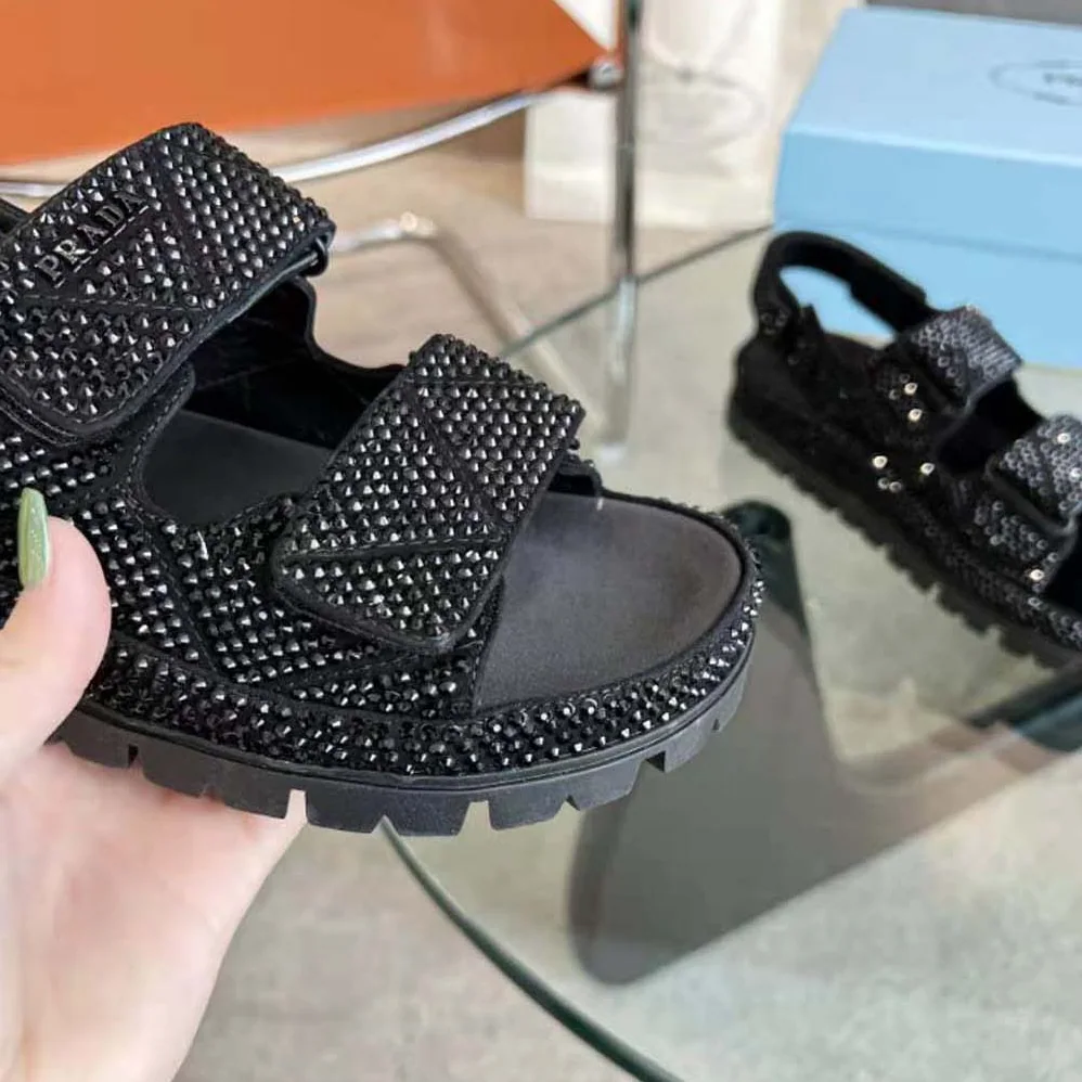 Prada Satin Sandals with Crystals for Women in Black Prada Satin Sandals with Crystals for Women in Black