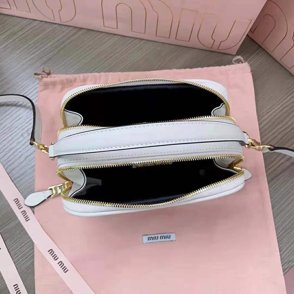 Miu Miu Arcadie Leather Bag with Metal Lettering Logo for Women in White Miu Miu Arcadie Leather Bag with Metal Lettering Logo for Women in White