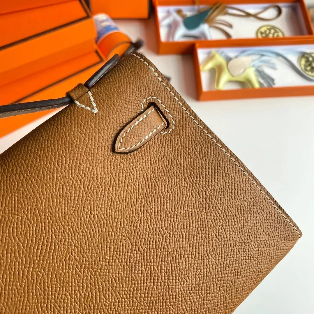 Hermes Kelly Pochette Top Handle Bag in Brown Epsom Palladium Hardware