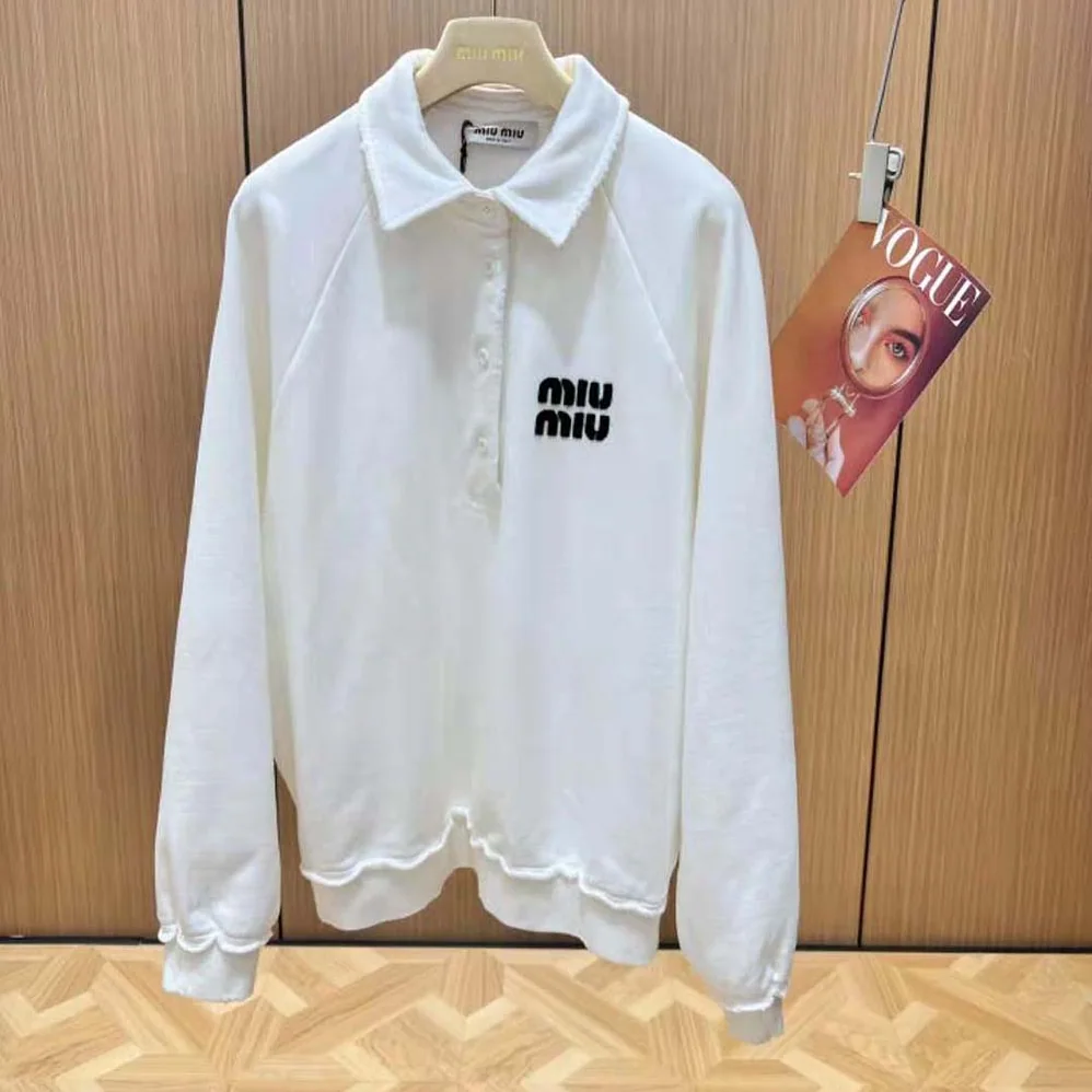 Miu Miu Cotton Polo Sweatshirt with Embroidered Logo for Women in White Miu Miu Cotton Polo Sweatshirt with Embroidered Logo for Women in White