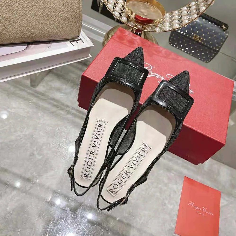 Roger Vivier Gommettine Net Lacquered Buckle Slingback Ballerinas in Fabric for Women in Black
