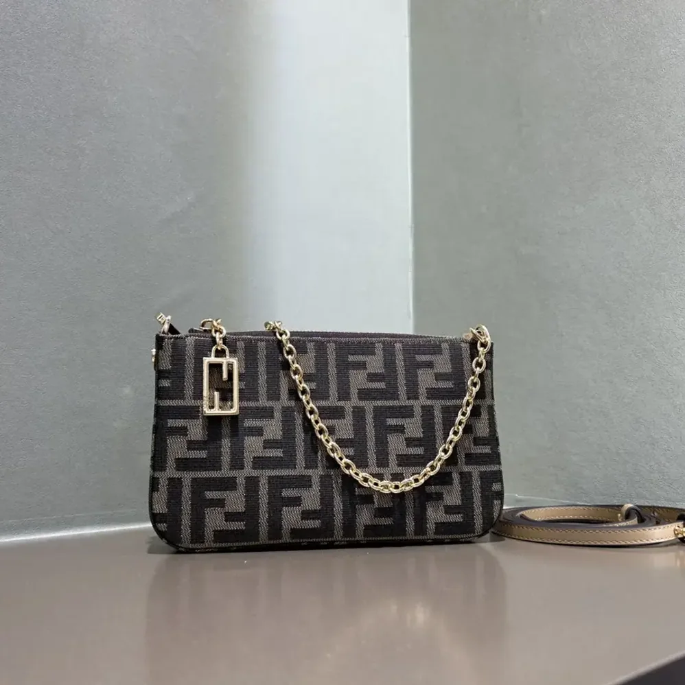 Fendi Baguette Pouch Brown Jacquard FF Fabric Clutch with Chain for Women