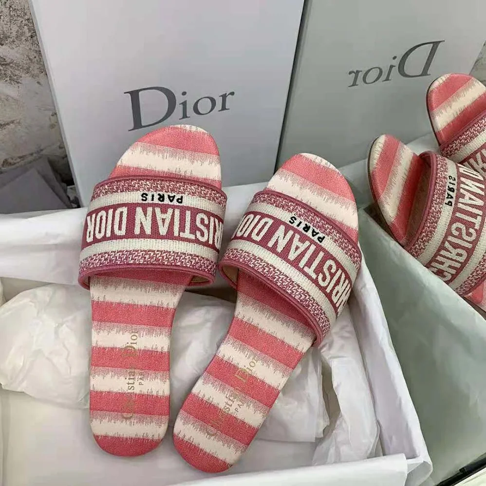 Dior Dway Slide Dark Nude D for Women in Stripes Embroidered Cotton Dior Dway Slide Dark Nude D for Women in Stripes Embroidered Cotton