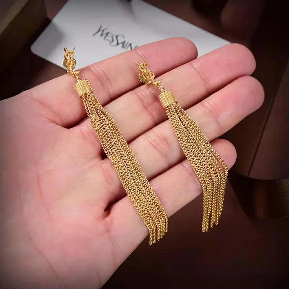 Saint Laurent YSL Loulou Earrings with Chain Tassels in Light Gold for Women in Colored Brass Saint Laurent YSL Loulou Earrings with Chain Tassels in Light Gold for Women in Colored Brass