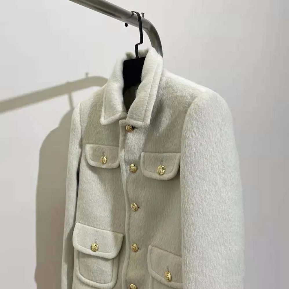 Celine Jacket with Claudine Collar in Wool Cloth for Women in Beige