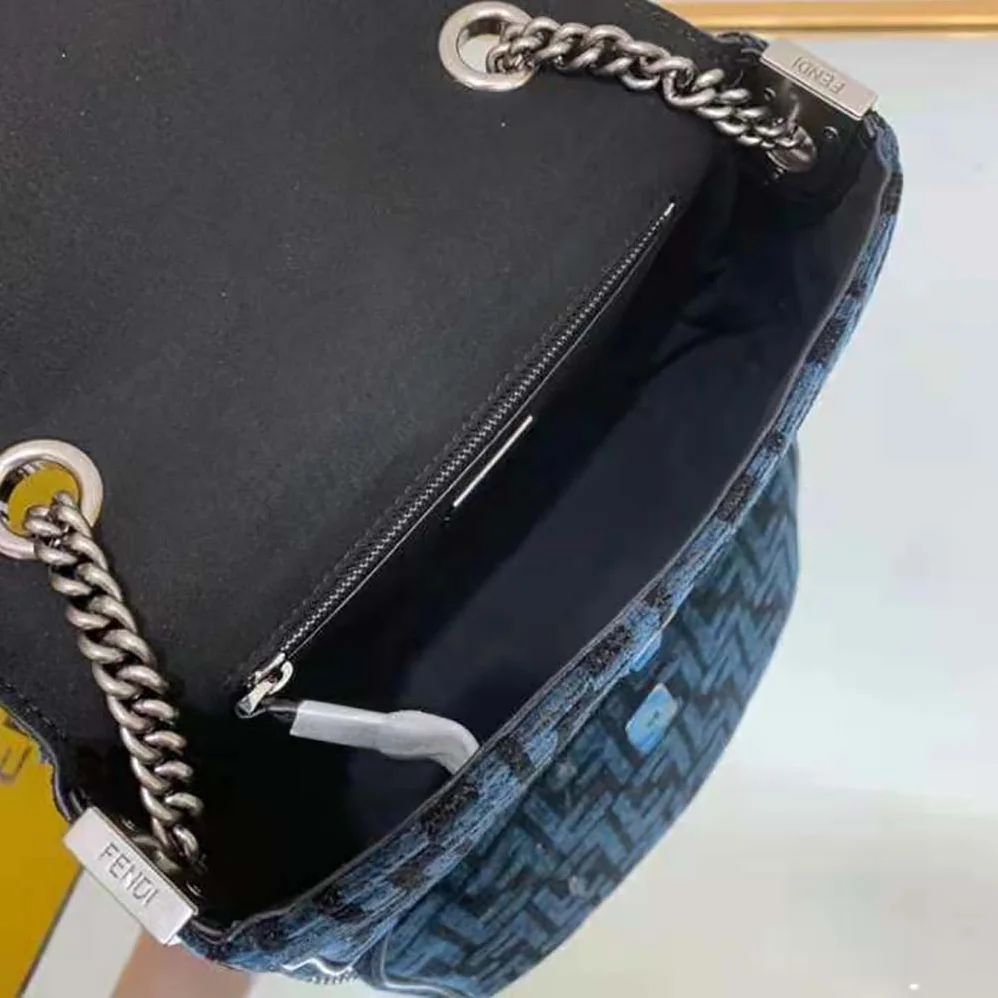 Fendi Baguette Chain Midi Dark Blue FF Tapestry Fabric Bag for Women Fendi Baguette Chain Midi Dark Blue FF Tapestry Fabric Bag for Women