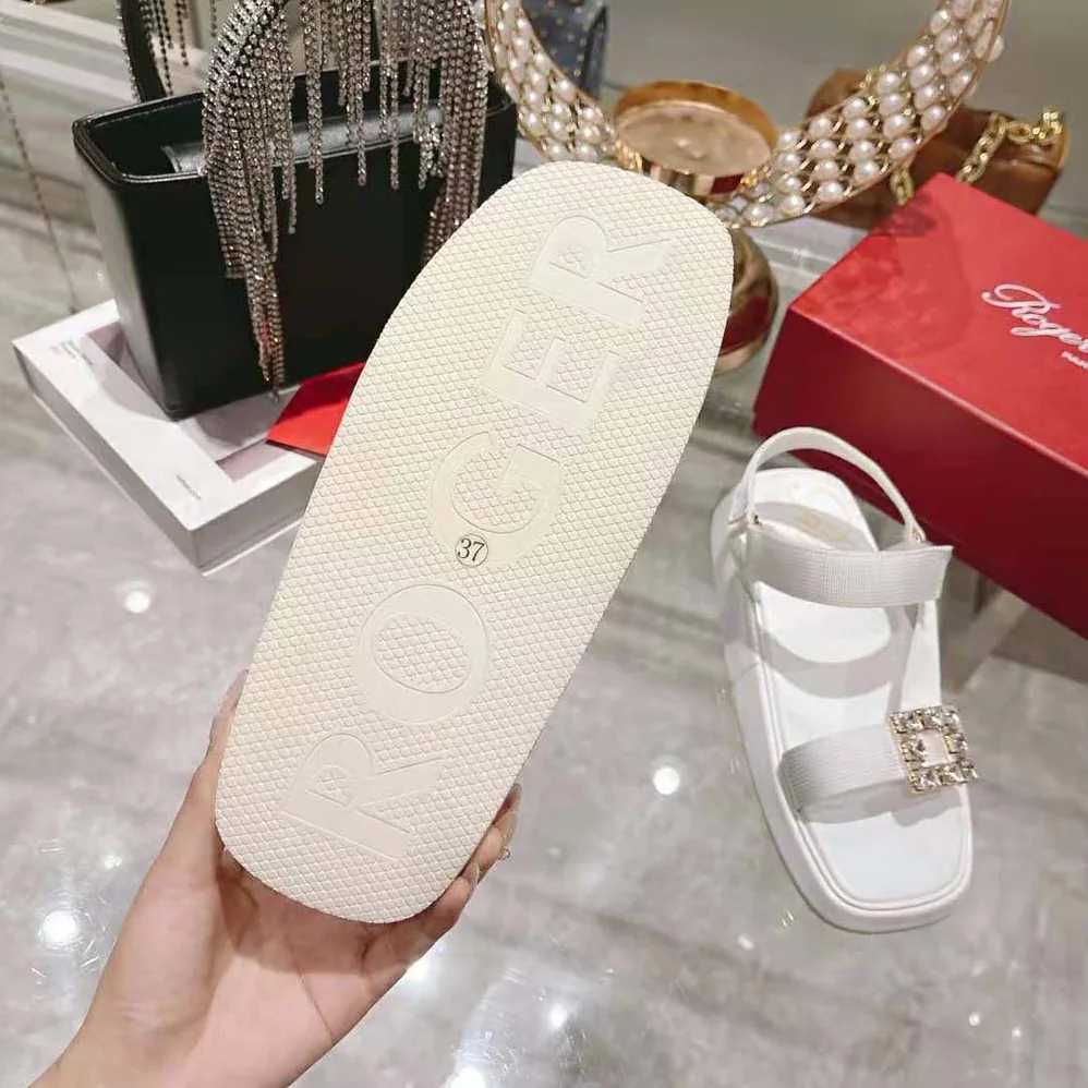 Roger Vivier Vivier Slide Trekky Strass Buckle Sandals in Fabrics for Women in White