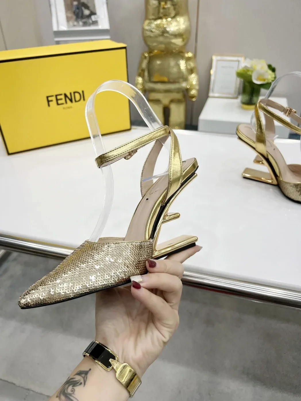 Fendi First Gold Glitter High in Heeled Slingbacks Fendi First Gold Glitter High in Heeled Slingbacks