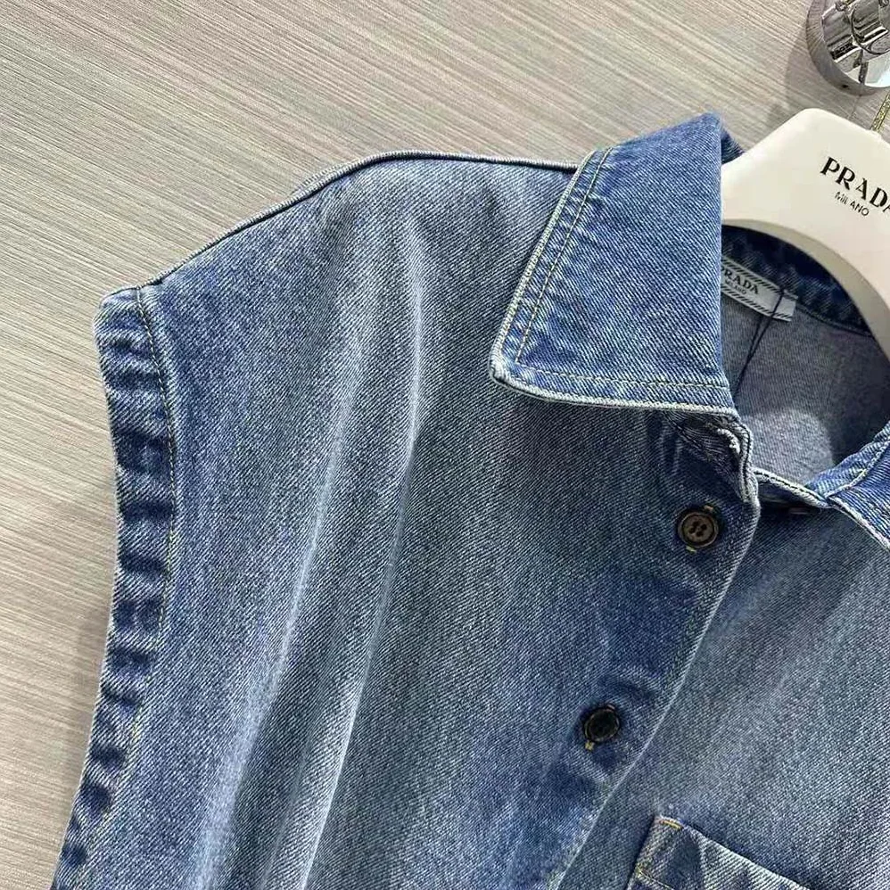 Prada Denim Shirt with Triangle Logo for Women in Navy Prada Denim Shirt with Triangle Logo for Women in Navy