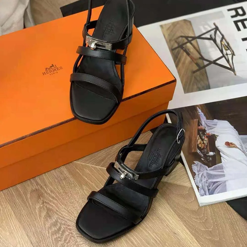 Hermes Eve 60 Sandal in Calfskin Leather for Women in Black Hermes Eve 60 Sandal in Calfskin Leather for Women in Black