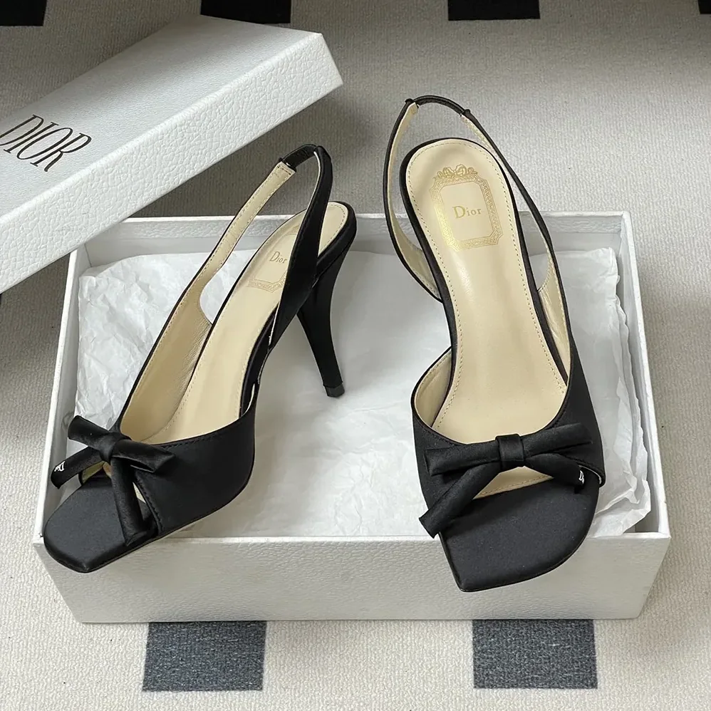 Dior Dior Bow Heeled Slingback Sandal Black Satin for Women